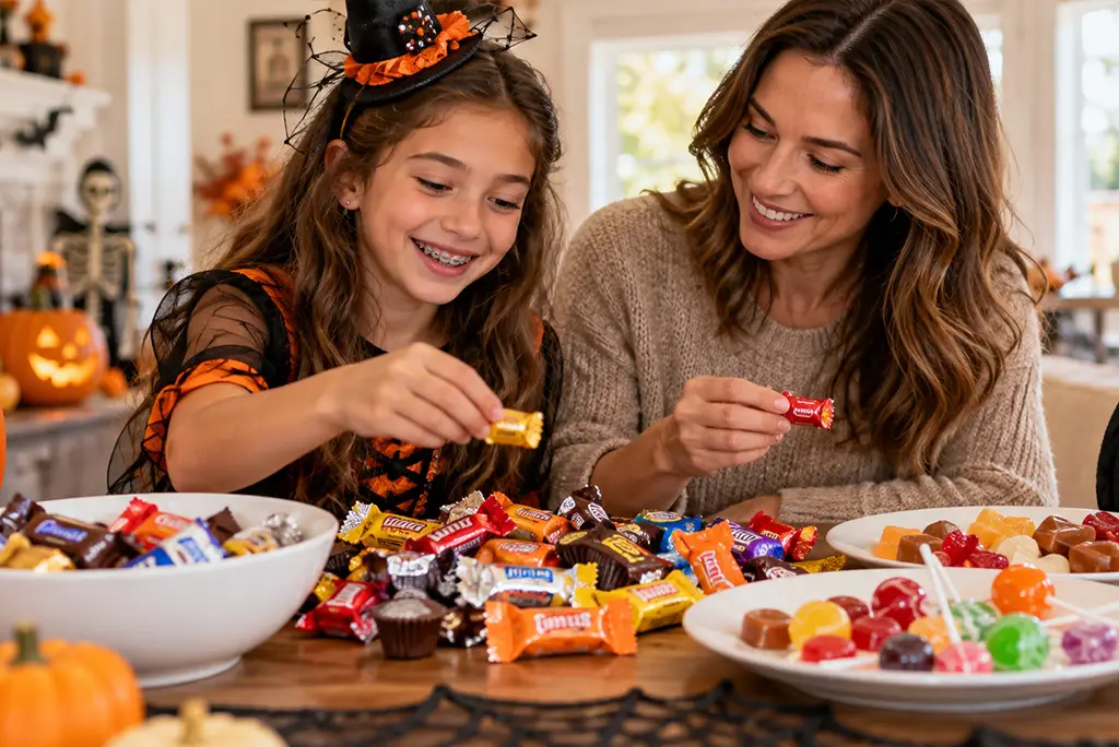 Child with braces sorting Halloween candy with a parent while learning which treats are safer for braces