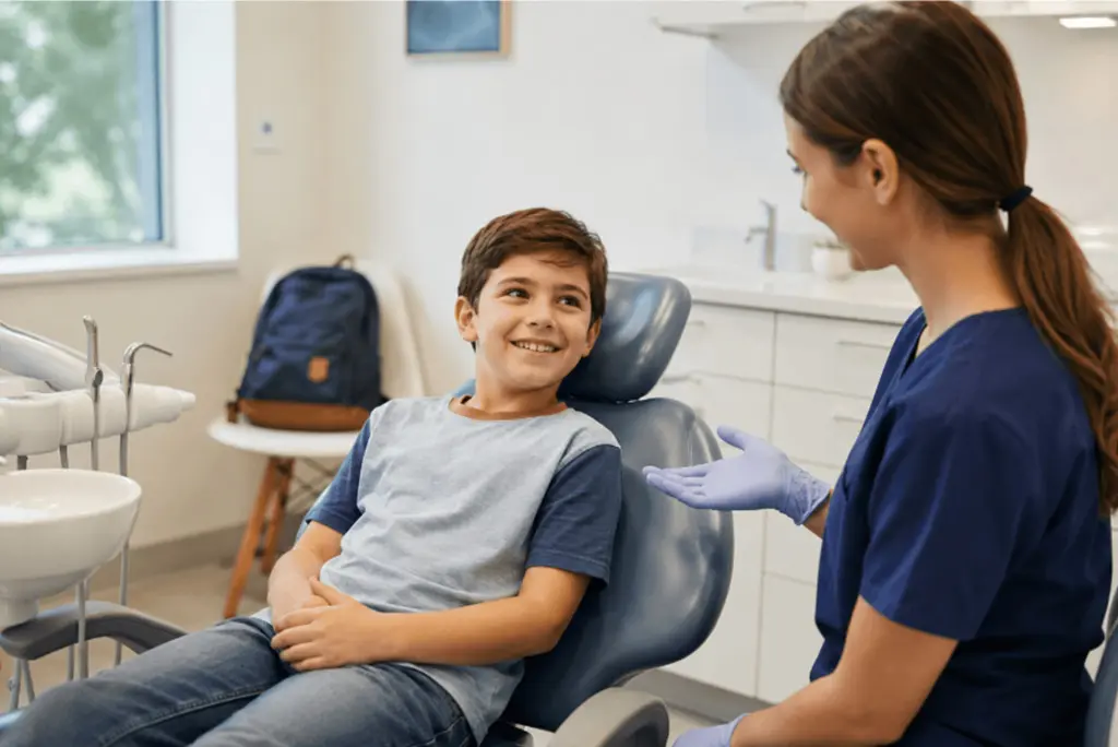 School-age child receiving a comfortable dental checkup before returning to school.
