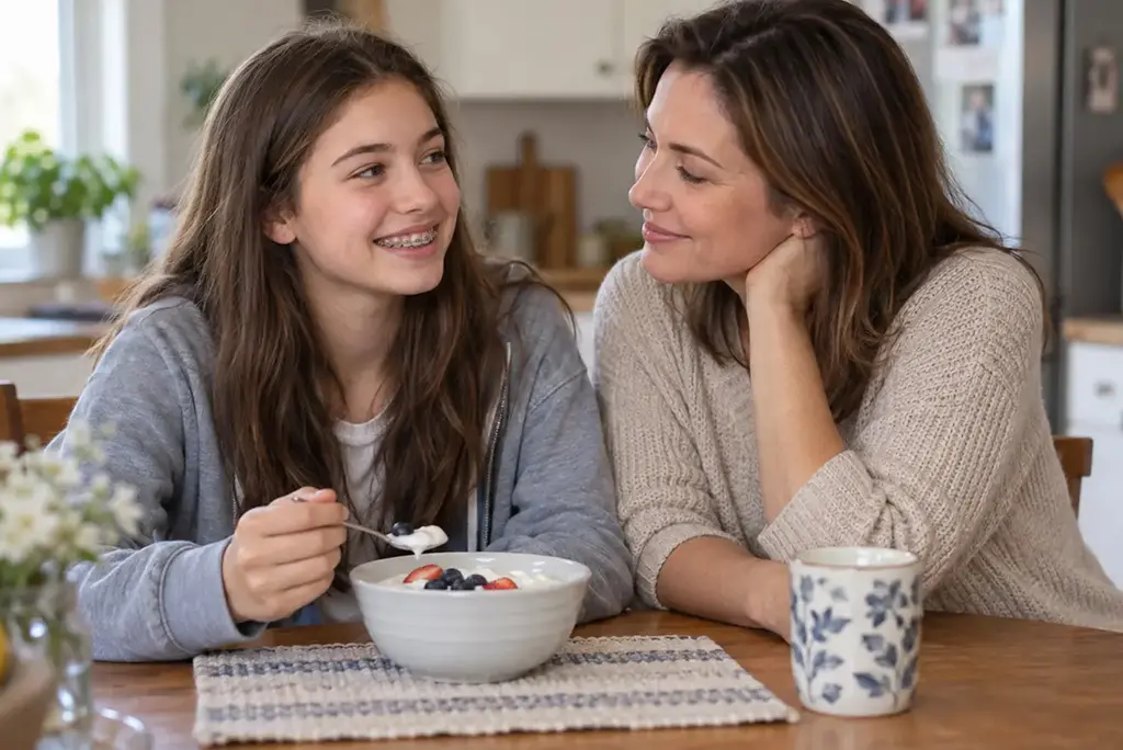 Teenage girl with braces smiles at her mother while holding a spoon over a bowl of yogurt and berries.